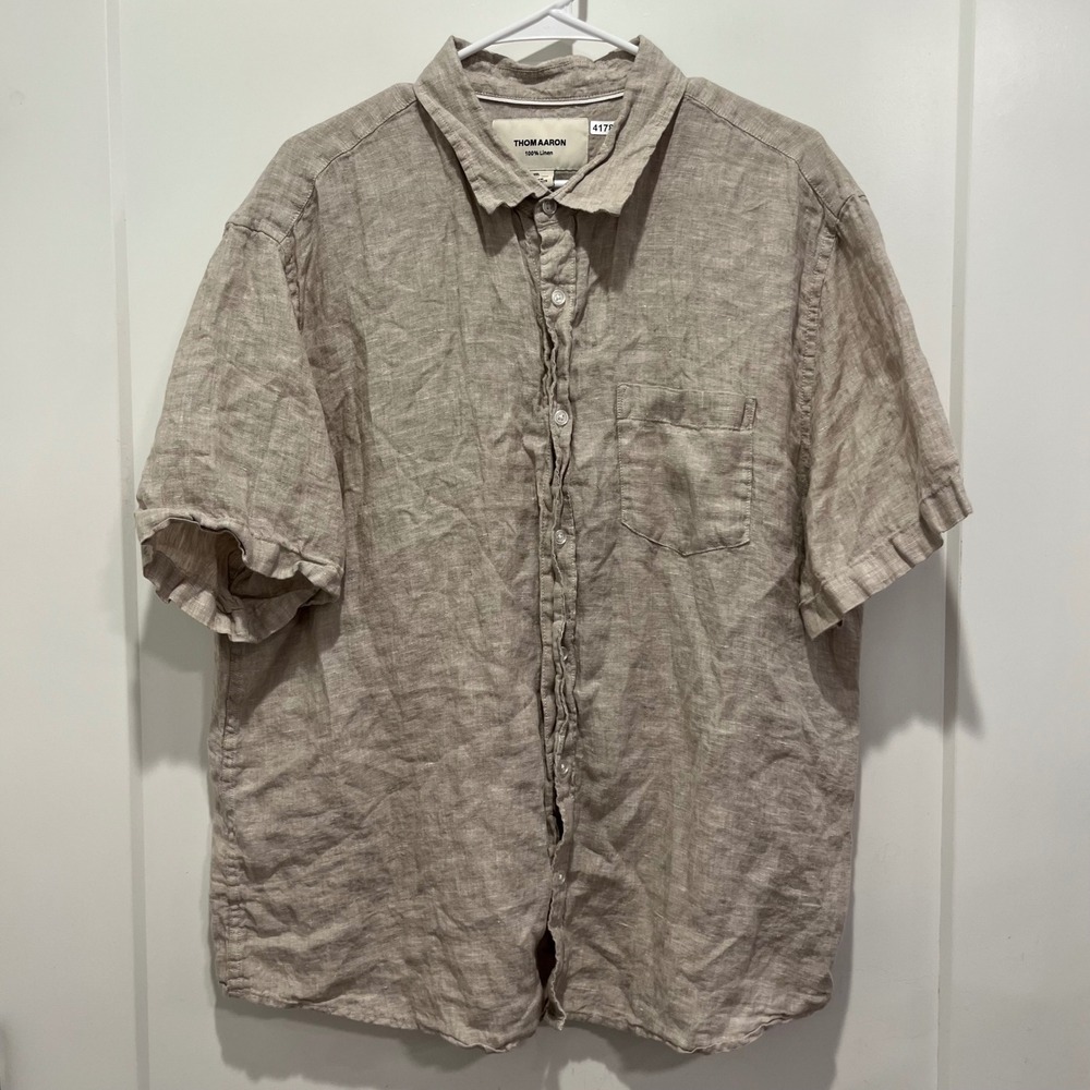 Thom Aaron Mens XXL Tan 100% Linen Short Sleeve Button Down Shirt Pocket